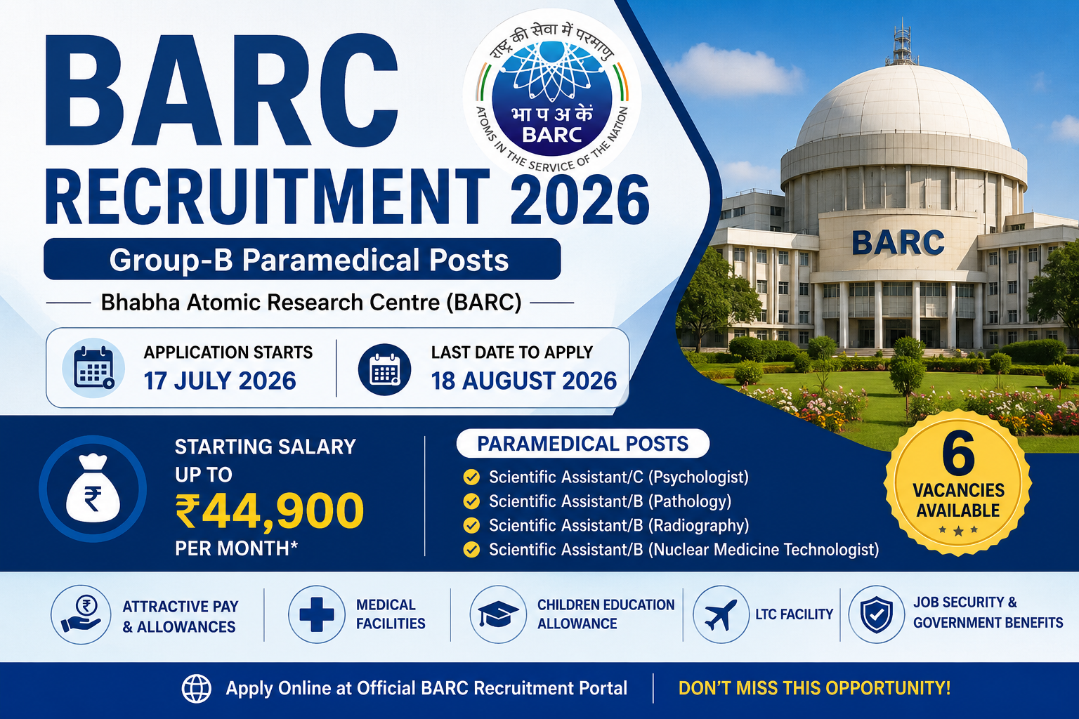 Apply online for BARC Recruitment 2026 for Group-B Paramedical posts. Check vacancy details, eligibility, salary up to ₹44,900, fees, and last date.